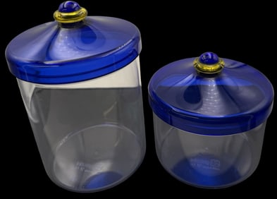 Pair of Vintage GUZZINI Italy Clear Plastic Jars /w Translucent Blue Lids