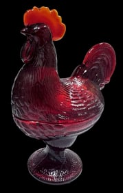 Vintage ca. 1930s Deep Red Depression Glass Rooster Lidded Compote