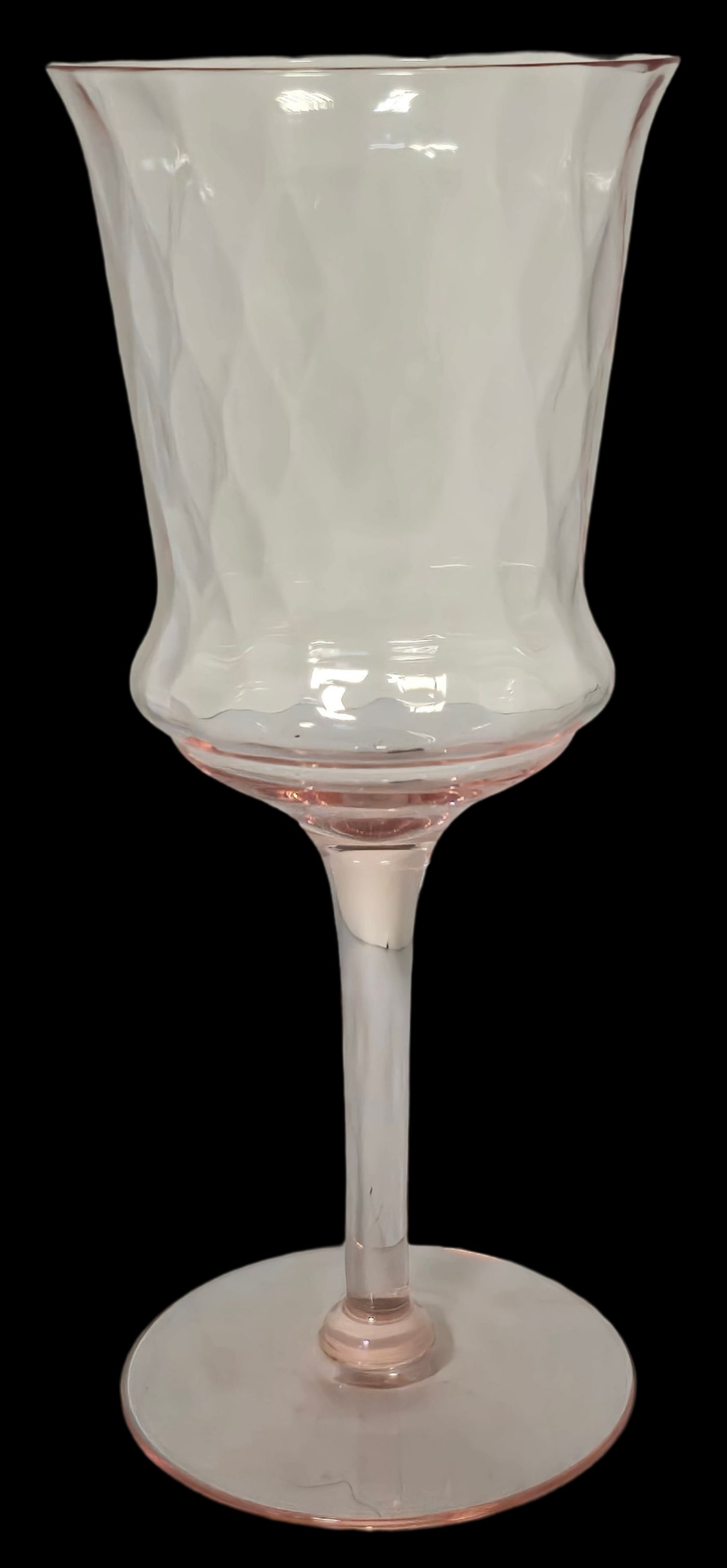 Vintage Pink Depression Glass Diamond Pattern Wine Goblet / Glass: Very good vintage condition; no chips, cracks, and repairs. Measures approx. 7 1/2" high x 3" in diameter