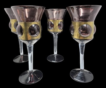 Set of 4 Mouthblown Vintage Brutalist Purple & Clear Art Glass Wine Goblets