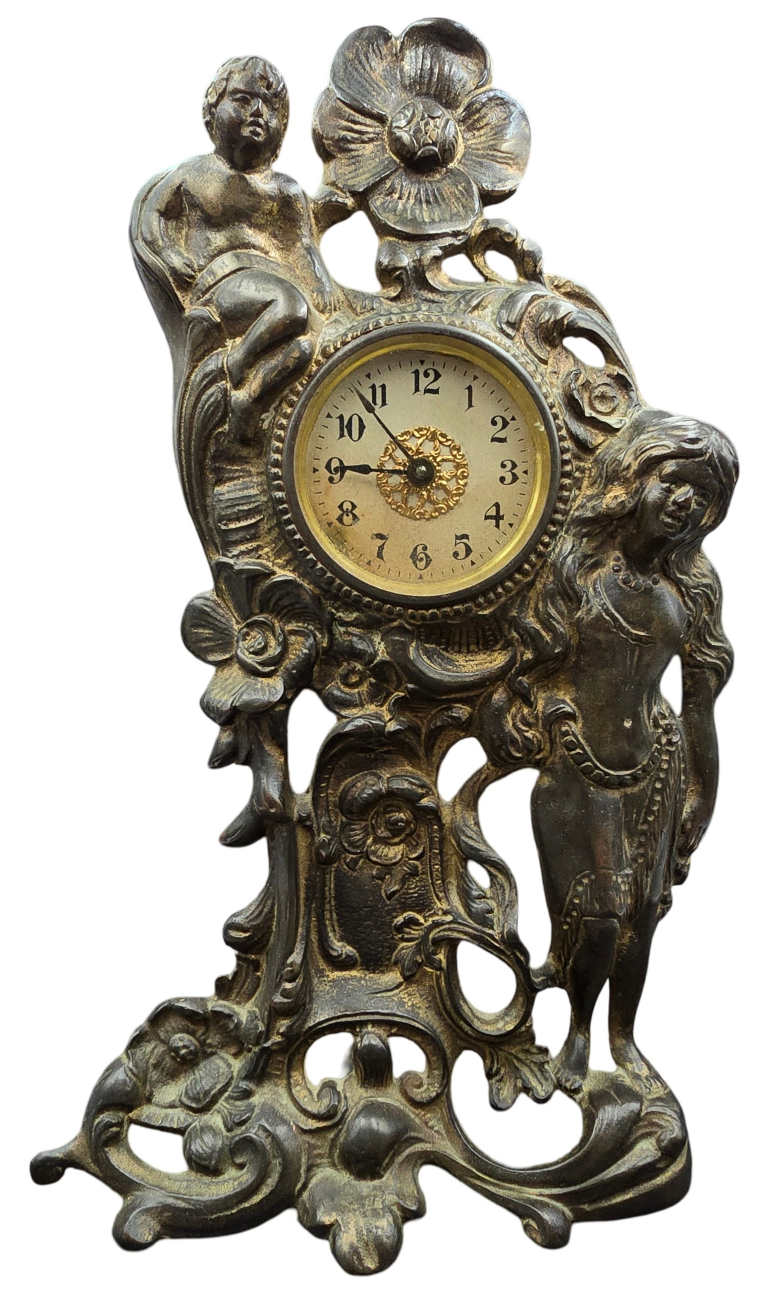 Vintage Art Nouveau Style Cast Metal Mantle Clock /w Wind-Up Movement (1 of 6)