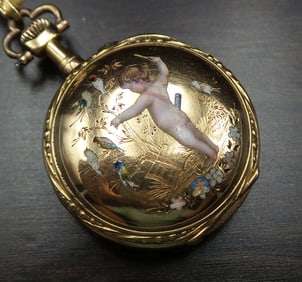 Rare Antique ca. 1900 18K Gold, Pearl & Enamel Putto Lapel Watch