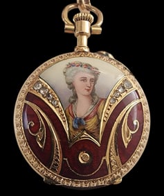 Rare Antique ca. 1900 18K & 14K Gold & Enamel Portrait Lapel Watch