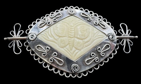 Unusual Vintage Sterling Silver & Hand Carved Bone Brooch /w Butterfly Design