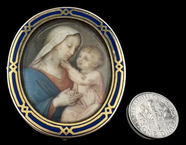 Rare Antique 19th Cent. Gilt Silver, Blue Enamel & Hand Painted Mary & Jesus Brooch