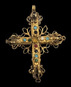 Rare 16th/17th Century European 14K Gold, Gemstone & Enamel Cross Pendant