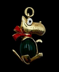 Whimsical Vintage 14K Gold & Green Gemstone Dog Pendant Charm