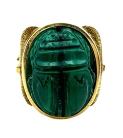 Unusual Vintage European Egyptian Revival 14K Gold & Malachite Scarab Ring