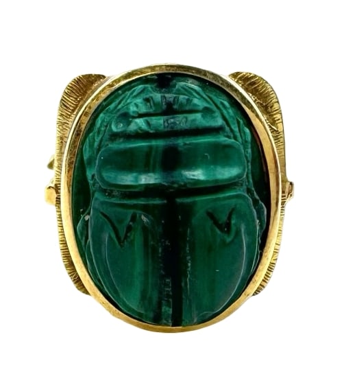 Unusual Vintage European Egyptian Revival 14K Gold & Malachite Scarab Ring: Very good vintage condition. The ring is a size 5.75 and weighs ca. 6.8 grams. Marked for 14K gold.