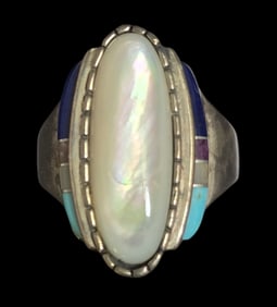 Vintage Southwestern CAROLYN POLLACK Sterling Silver, MOP & Inlaid Gemstone Ring