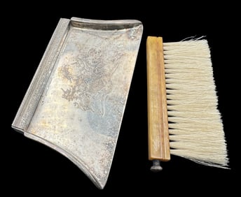 Antique Aristocratic European Silverplate Crumb Catcher /w Bakelite Handled Brush