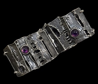 Mid-Century Modern Brutalist European 835 Silver & Amethyst Panel Bracelet