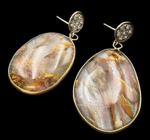 Vintage Goldtone Metal & Brown Marbled Agate Costume Jewelry Earrings