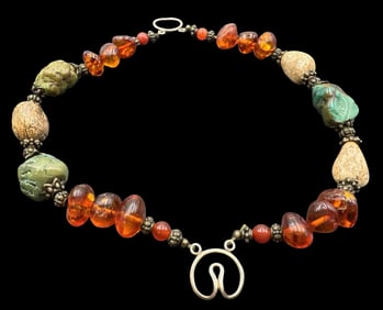 Stylish Vintage Amber, Natural Gemstone & Silver Bead Necklace