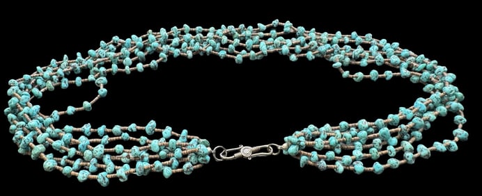 Vintage Turquoise Bead & Sterling Silver Clasp Multi-Strand Necklace