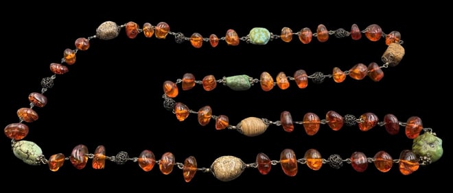 Stylish Vintage Amber, Natural Gemstone & Silver Bead Necklace