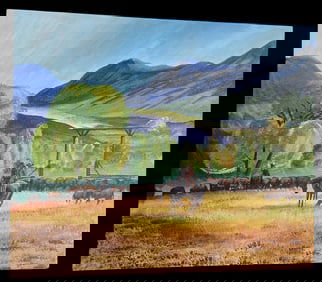 Vintage T. HINES Native American Oil Painting on Canvas Panel "Cowboys"