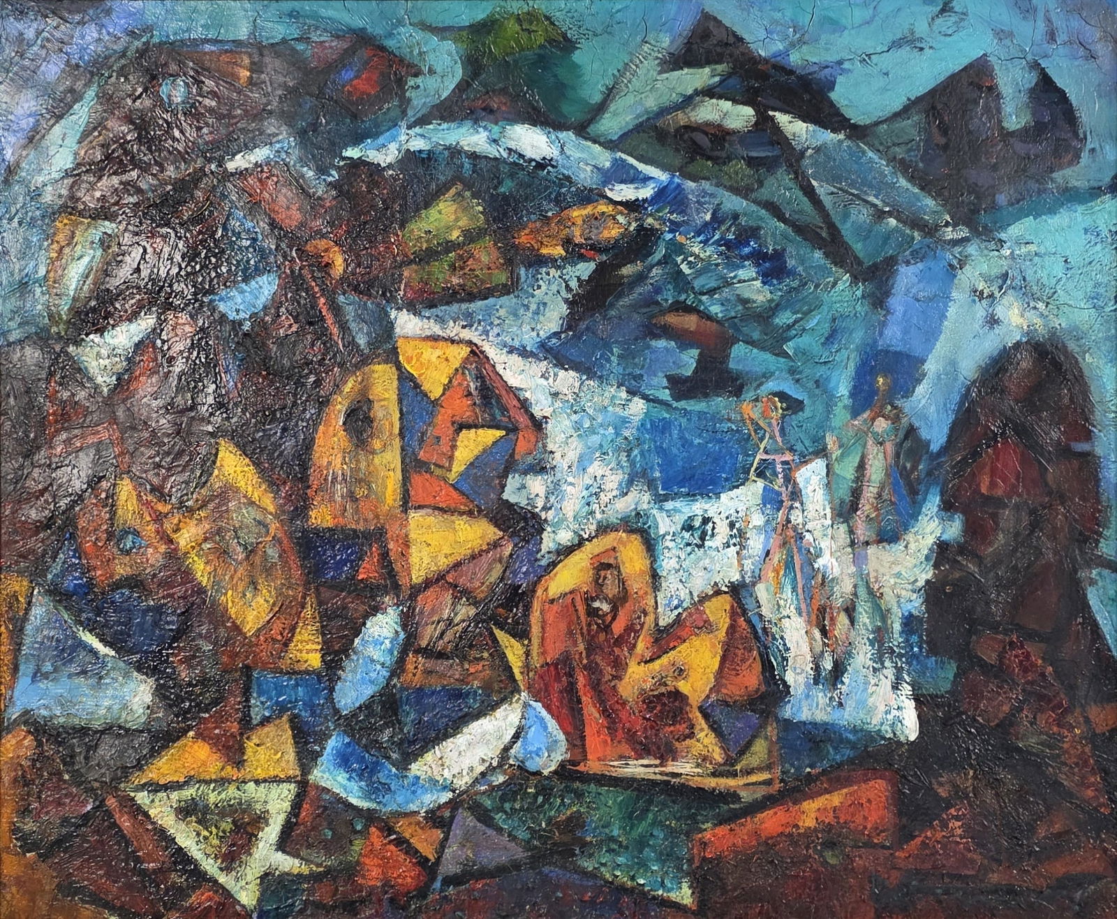 ABRAHAM RATTNER (American, 1895-1978) "SEXY ROCKY" Original Abstract Oil Painting: Fantastic abstract painting with vibrant colors by Abraham Rattner (1895-1978); titled"SEXY ROCKY", dated 1946 and signed on the back. Also signed in the front lower right-hand corner. Excellent vinta