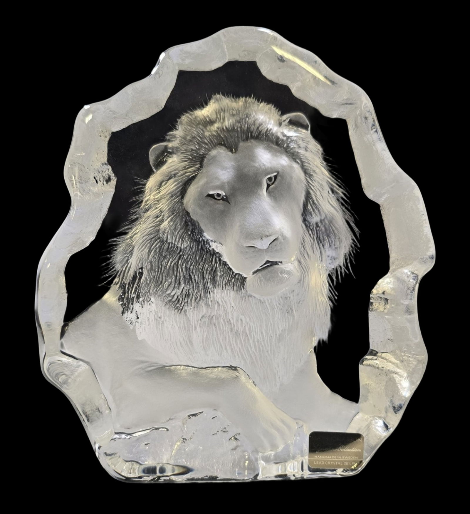 Vintage MATS JONASSON Sweden Crystal Lion Sculpture: Very good vintage condition; no damage. Measures approx. 7" high x 6" wide. Signed; original sticker.