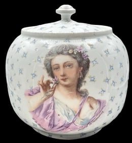 Antique LS&S Carlsbad Austria Porcelain Lidded Cracker/Biscuit Jar/w Portrait