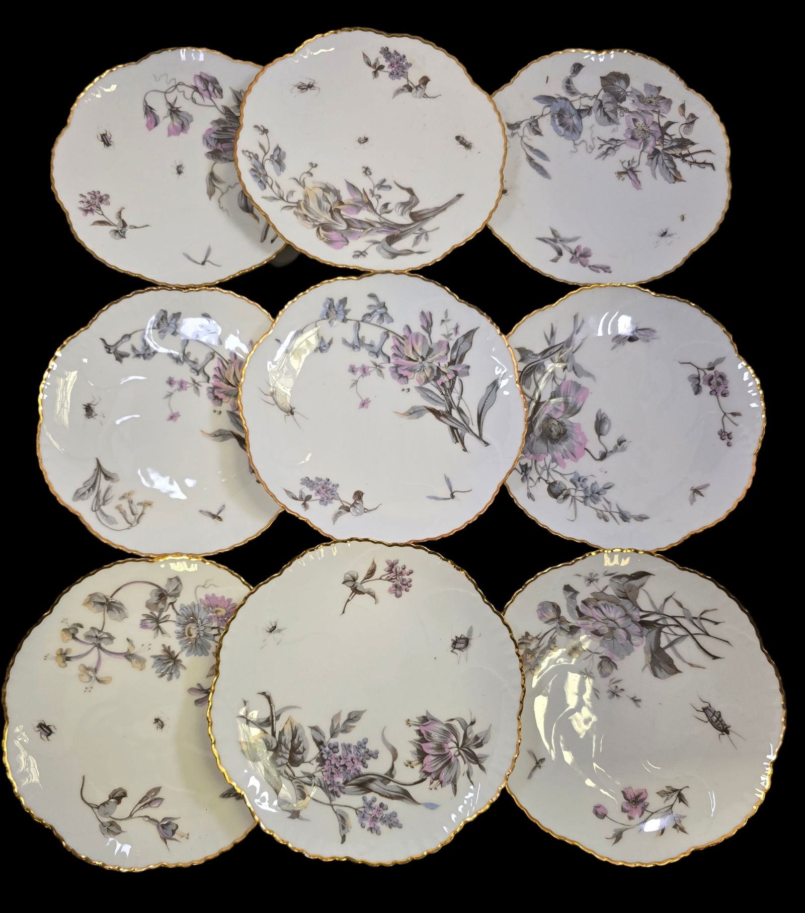 Set of 9 COMPAGNIE FRANCO-ANGLAISE France Porcelain Plates /w Insects: Very good antique condition; No chips, cracks, or repairs. Each measures approx. 9" in diameter. Marked on the bottom.
