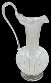 Delicate Vintage Murano Italy Mouthblown White & Clear Latticino Art Glass Pitcher