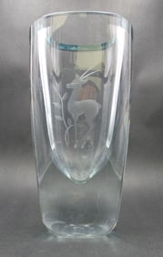 Vintage Hand Cut Deer Crystal Designer Vase - Signed