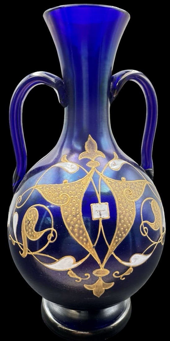 Vintage Gold & White Enamel Painted Cobalt Blue Art Glass Vase: Very good vintage condition. No chips, cracks or repairs. Measures approx. 7 1/2" high x 4 1/2" wide.