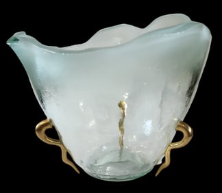 Unusual Vintage Handmade Acqua & Gold Art Glass Bowl