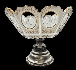 Rare Antique 19th Cent. European White Overlay Glass Bowl on 800 Silver Pedestal