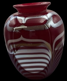 Vintage Mouthblown Pulled Feather Design Red Art Glass Designer Vase