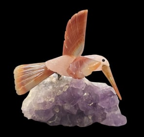 Handmade Rose Quartz & Onyx Hummingbird on Amethyst Base