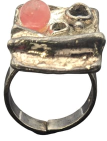 Unusual Vintage Mid-Century Modern Brutalist European 835 Silver & Gemstone Ring
