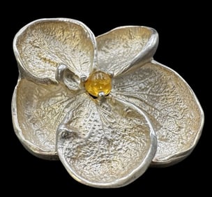 Unusual AOM Studios Germany Sterling Silver & Yellow Gemstone Flower Pendant