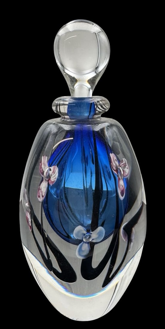Vintage 1993 Art Glass Perfume Bottle /w Blue Interior: Very good vintage condition; No chips, cracks, or repairs. Measures approx. 5 1/2" high x 2 1/2" wide . Stopper is broken but can be repaired. Marked with an unidentified designer signature x 1993.