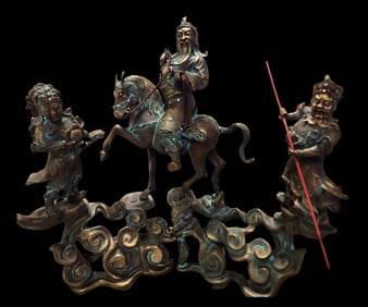 Large Vintage Asian Cast Metal & Rhinestone Warrior Group Sculpture