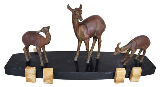 Art Deco IRENE ROCHARD (French, 1906-1984) Bronze Statue on Black Belgian Marble Base "Deer and