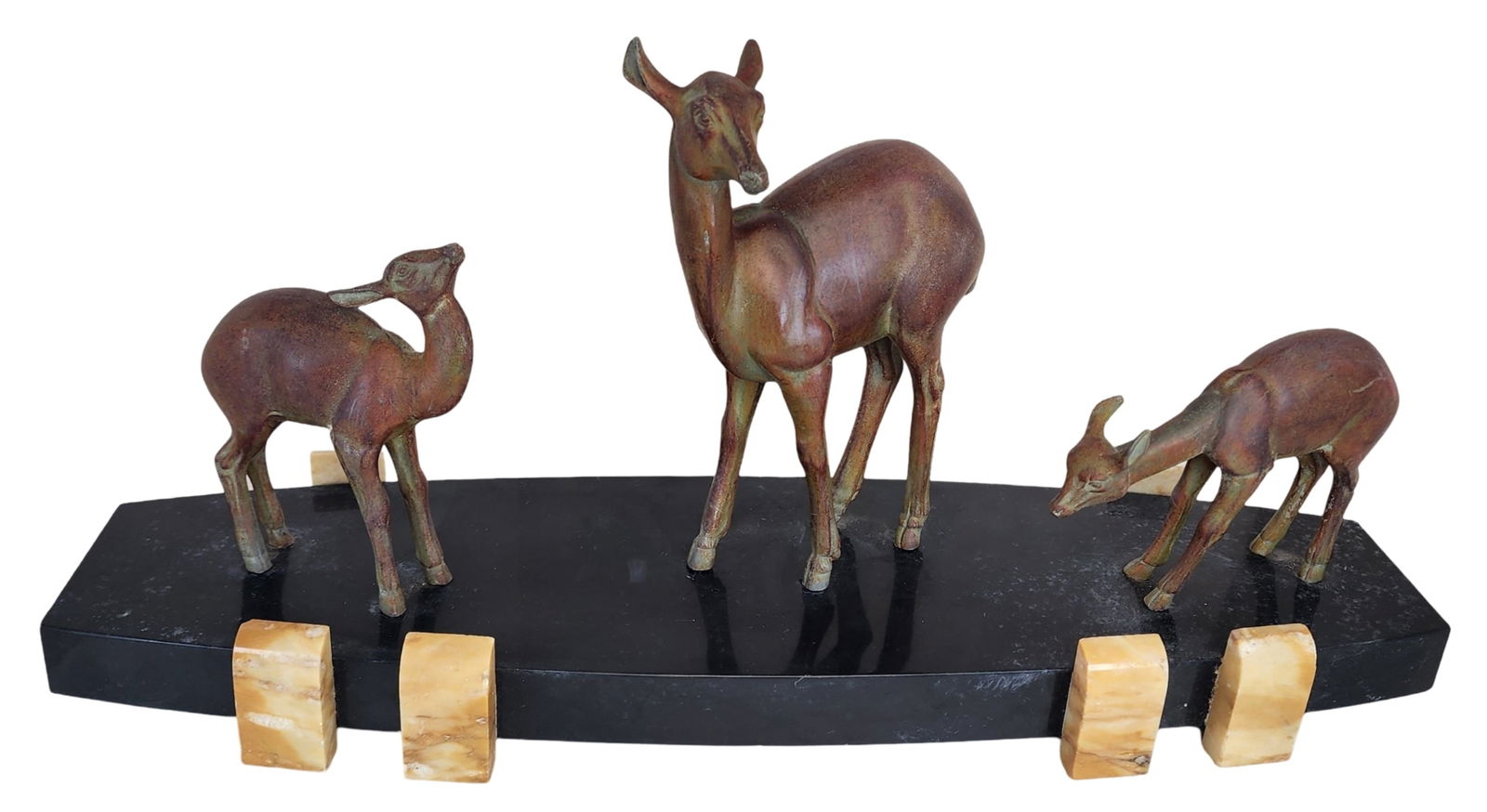 Art Deco IRENE ROCHARD (French, 1906-1984) Bronze Statue on Black Belgian Marble Base "Deer and (1 of 6)