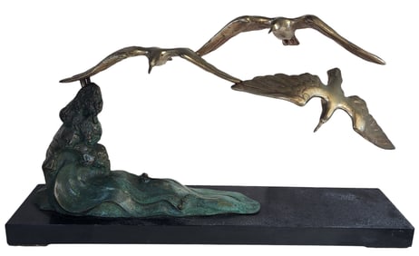 After P. FREDDY Bronze Figural Group of Three Seagulls Surfing the Waves
