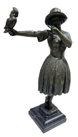 Decorative Vintage Cast Bronze Sculpture of a Woman with a Cockatoo