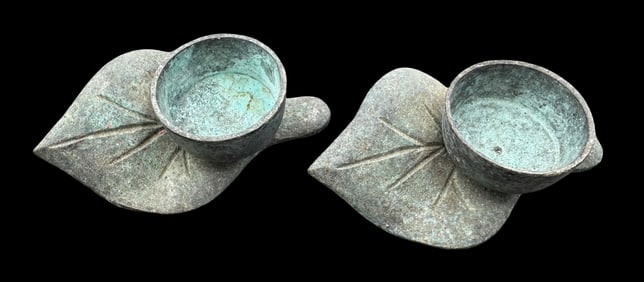 Vintage Pair of Patinated Cast Brass Tealight Candle Holders in Leaf Shape