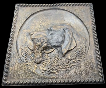 Antique 19th Century Cast Metal Relief Plaque of a Hunting Dog /w Bird