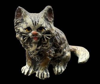 Whimsical Antique Austrian Cold Painted Cast Bronze Cat Figurine