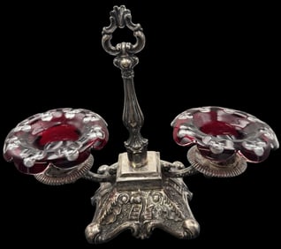 Antique Sterling Silver Candle Holder /w Red-Cut-to-Clear Crystal Bowls