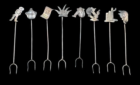 Set of 8 Vintage ca. 1960s Mexican Sterling Silver Cocktail Forks /w Figural Handles