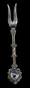 Vintage Dutch Silverplate Cocktail Fork /w Delft Porcelain Inlay