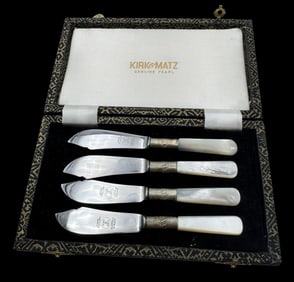 Vintage Set of 4 British KIRK & MATZ Forced Stainless Steel & MOP Knives in Original Box