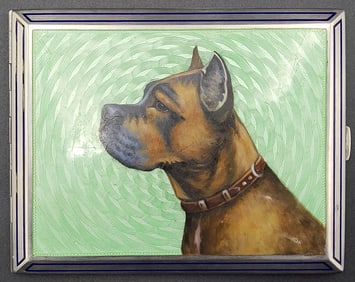 Very Rare Antique 900 Silver & Enamel Dog Painting Cigarette Case