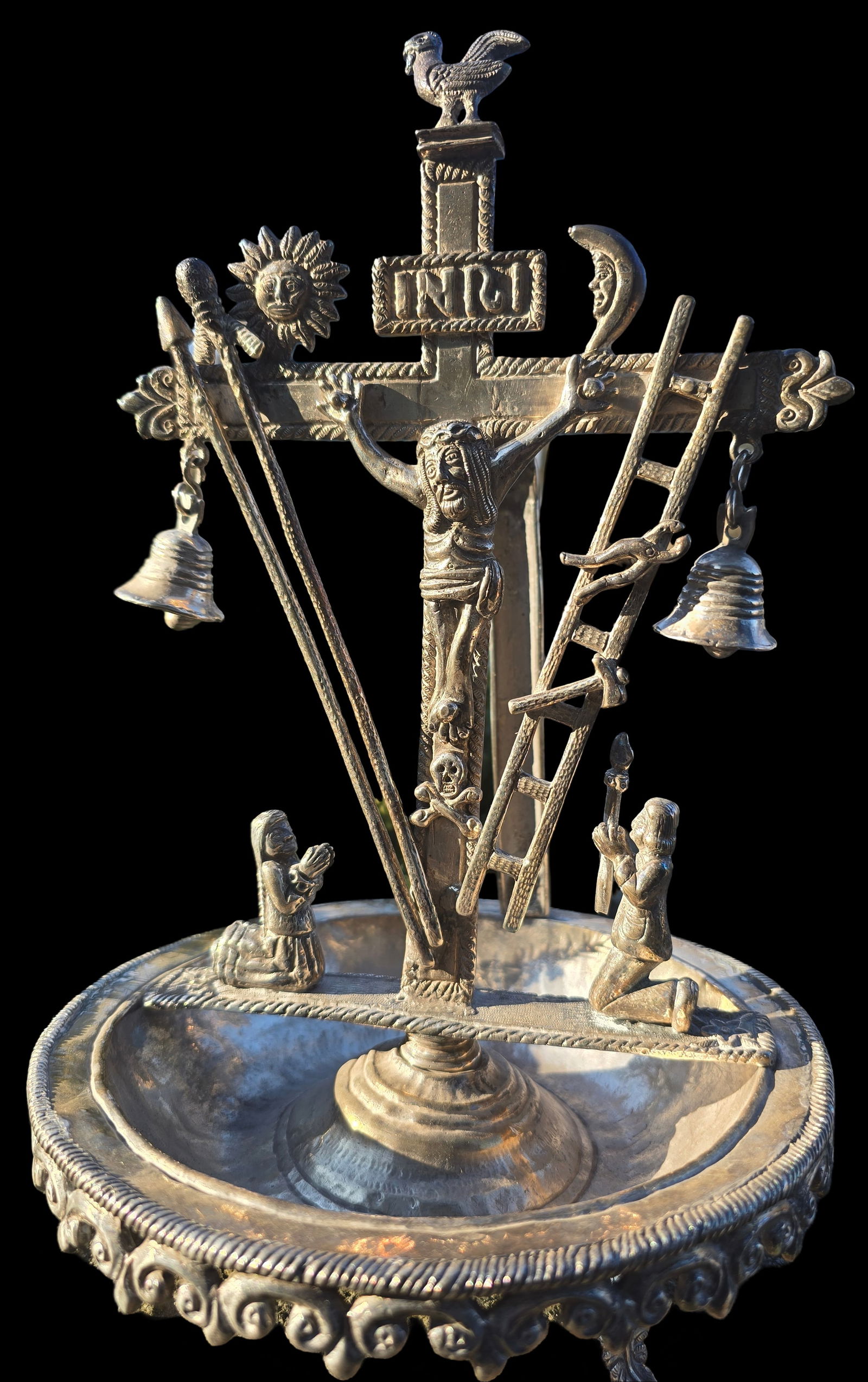 Rare 18th Century Spanish Colonial Sterling Silver Crucifixion Charity/Alms Bowl: This amazing charity or alms bowl was masterfully chased from solid silver in Colonial Latin America, probably in Peru, in the late 18th Century, and features incredible detail. The piece shows a comp