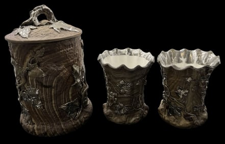 Antique ca. 1885 Art Nouveau VILLEROY & BOCH Mettlach Germany Stoneware Marbleized Tree Trunk Lidded